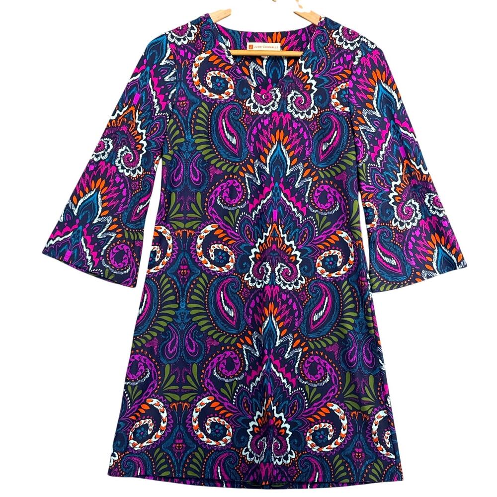 Jude Connally Vibrant Purple Paisley 3/4 Bell Sleeve Tunic Dress Women XS